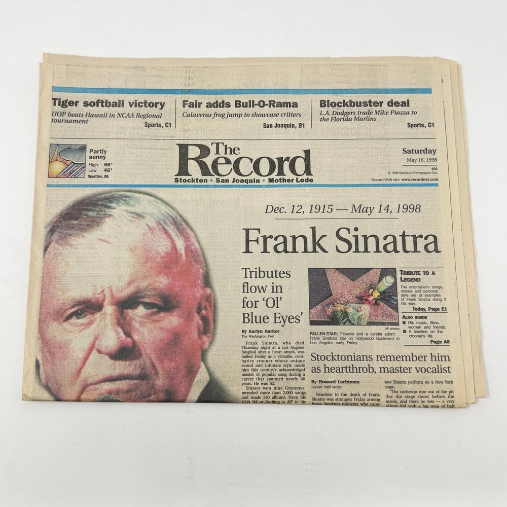 Frank Sinatra Death Newspaper 1998 The Record Stockton Ol Blue Eyes Tribute